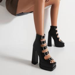 Plus Size Glossy Patent Leather Five-Row Metal Belt Buckle Sandals Square Toe Open-Toe Ultra-High Platform Side Zipper Sandals