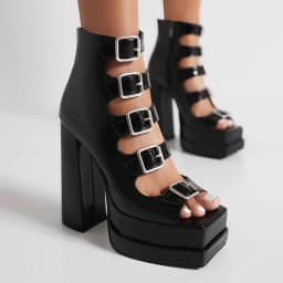 Plus Size Glossy Patent Leather Five-Row Metal Belt Buckle Sandals Square Toe Open-Toe Ultra-High Platform Side Zipper Sandals
