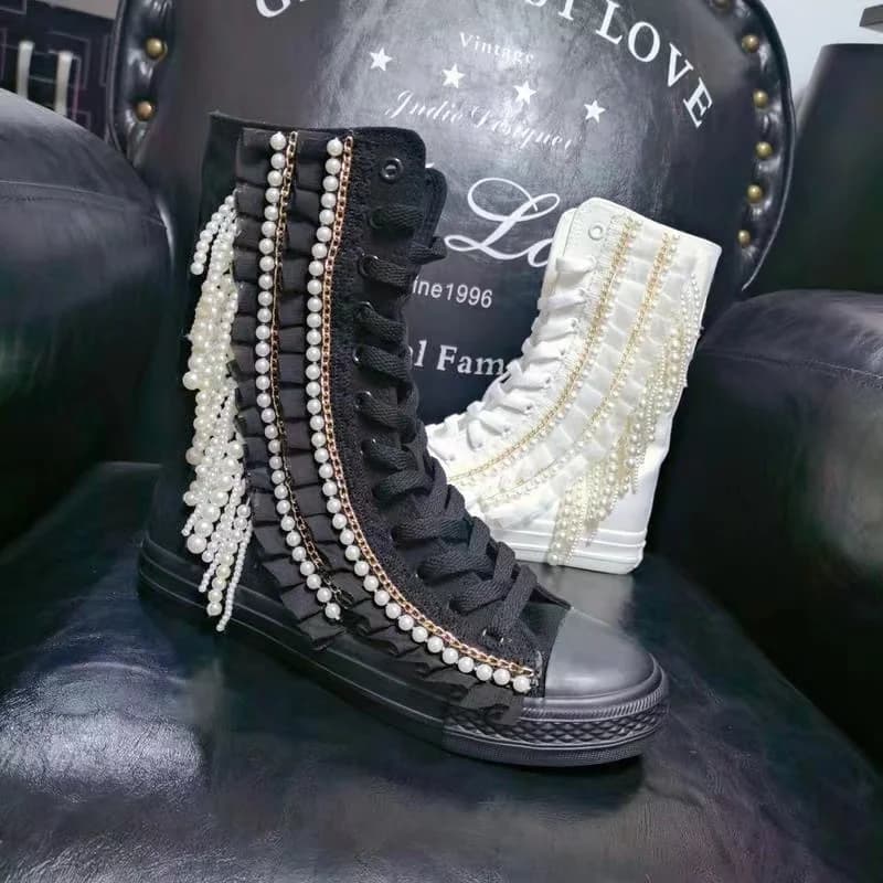 Fashion Women Canvas Shoes Designer Handmade Platform Boots Sneakers Luxury Casual Height Increasing Zip High-TOP Boot Black