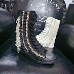 Fashion Women Canvas Shoes Designer Handmade Platform Boots Sneakers Luxury Casual Height Increasing Zip High-TOP Boot Black