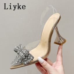 Liyke Elegant Women Party Wedding Shoes Fashion Crystal Butterfly High Heels Sexy Pointed Toe PVC Transparent Pumps Sandals Lady