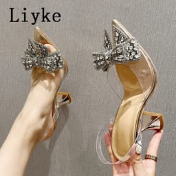 Liyke Elegant Women Party Wedding Shoes Fashion Crystal Butterfly High Heels Sexy Pointed Toe PVC Transparent Pumps Sandals Lady