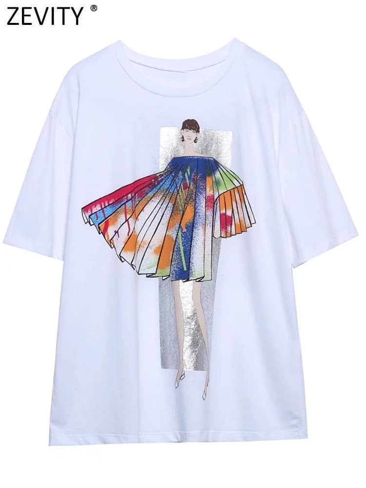 Zevity Women Fashion High Street Beauty Print Casual White T Shirt Female Basic O Neck Short Sleeve Chic Tops T477