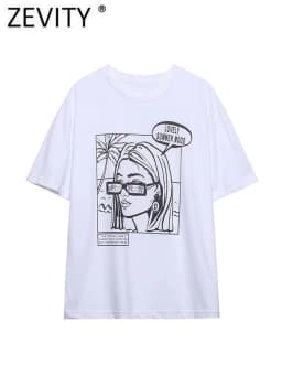 Zevity Women Fashion High Street Beauty Print Casual White T Shirt Female Basic O Neck Short Sleeve Chic Tops T477