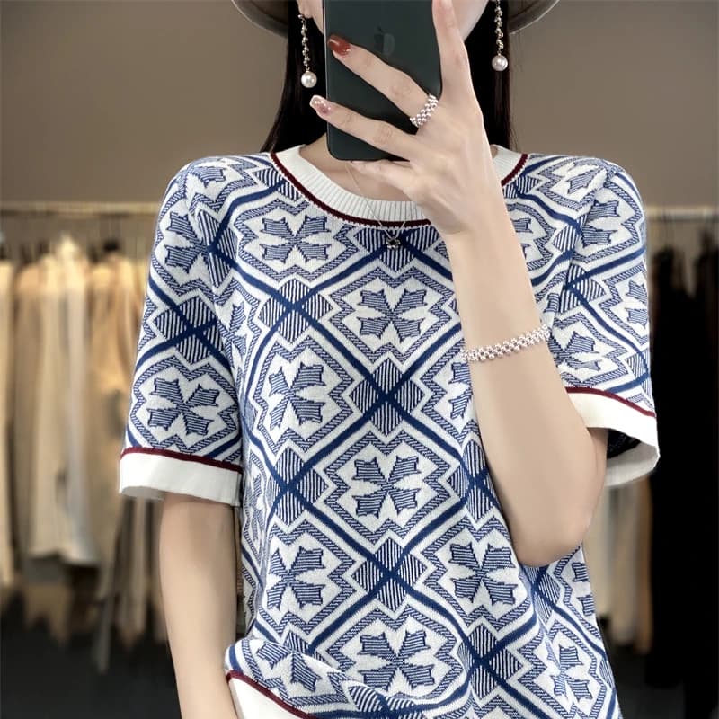 100% Pure Cotton Women Slim Sweater T-shirt New Summer Short-sleeve O-neck Chinese Style Pullover Tees Casual Knitted Tops