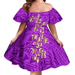 Custom Logo Pacific Island Art Sustainable Ruffle Sleeve Dress Hawaii Tribal Polynesian Hibiscus Sublimation Print Short Dresses