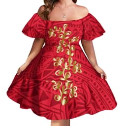 Custom Logo Pacific Island Art Sustainable Ruffle Sleeve Dress Hawaii Tribal Polynesian Hibiscus Sublimation Print Short Dresses