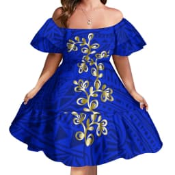 Custom Logo Pacific Island Art Sustainable Ruffle Sleeve Dress Hawaii Tribal Polynesian Hibiscus Sublimation Print Short Dresses