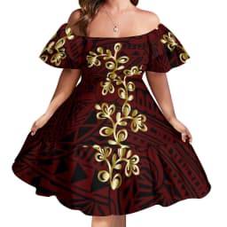 Custom Logo Pacific Island Art Sustainable Ruffle Sleeve Dress Hawaii Tribal Polynesian Hibiscus Sublimation Print Short Dresses
