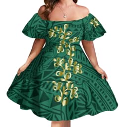 Custom Logo Pacific Island Art Sustainable Ruffle Sleeve Dress Hawaii Tribal Polynesian Hibiscus Sublimation Print Short Dresses