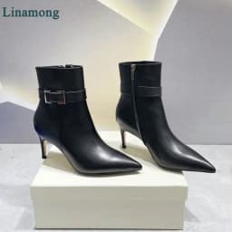 2024 New Leather Fabric Short Boots For Female Women Thin High Heel Pointed Toe Side Zipper Metal Buckle Design Elegant Shoes