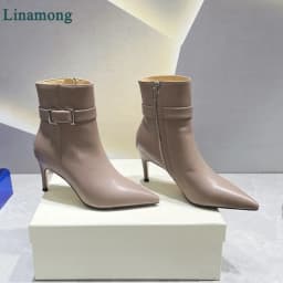 2024 New Leather Fabric Short Boots For Female Women Thin High Heel Pointed Toe Side Zipper Metal Buckle Design Elegant Shoes