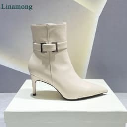 2024 New Leather Fabric Short Boots For Female Women Thin High Heel Pointed Toe Side Zipper Metal Buckle Design Elegant Shoes