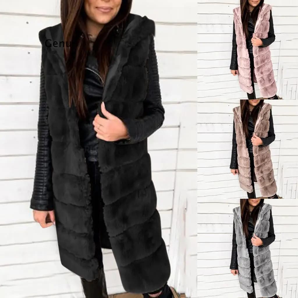 Fashion Solid Plush Long Jacket Vest Waistcoat Cardigan Casual Ladies Faux Coat Winter Sleeveless Streetwear Womens Outerwear