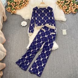 2024 Spring Autumn Knited Two Piece Set Women Clothing Sets Casual Long Sleeve Sweater Cardigan + Wide Leg Long Pants Suits