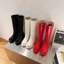 Bright Leather High Waterproof Platform Inner Heightened Round Toe Over The Knee-Length Boots Patent Leather Flat Heel Platform