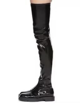 Winter Girls Black Elastic Patent Leather Over The Knee Thigh Boots Woman Round Toe Slim Slip On Long High Top 35 MM Botas Shoes