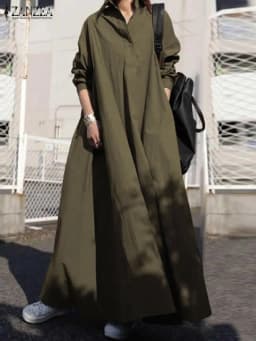 ZANZEA 2025 Autumn Sundress Stylish Women Long Sleeve Loose Dress Casual Solid Maxi Long Dresses Robe Femme Work Vestidos Kaftan