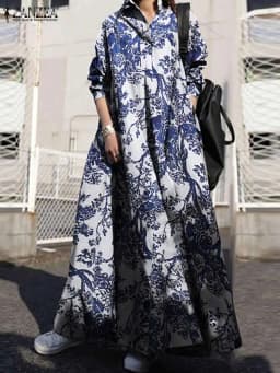 ZANZEA 2025 Autumn Sundress Stylish Women Long Sleeve Loose Dress Casual Solid Maxi Long Dresses Robe Femme Work Vestidos Kaftan