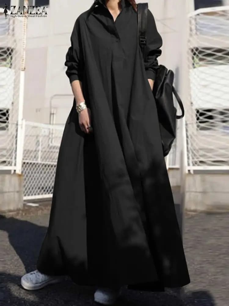 ZANZEA 2025 Autumn Sundress Stylish Women Long Sleeve Loose Dress Casual Solid Maxi Long Dresses Robe Femme Work Vestidos Kaftan