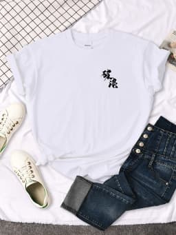 Black Chinese Characters Break The Waves Print Women T-shirt Street Soft T-shirt Sport S-XXXL Top Creative o-neck Woman Tshirt