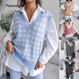 women's Houndstooth knit sweater vest autumn 2023 new loose V-neck sleeveless elegant fashion casual vest sweaters pullover