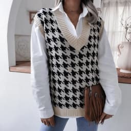 women's Houndstooth knit sweater vest autumn 2023 new loose V-neck sleeveless elegant fashion casual vest sweaters pullover