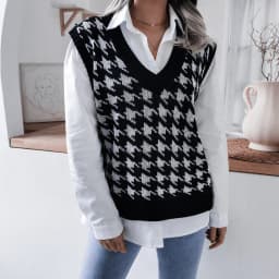 women's Houndstooth knit sweater vest autumn 2023 new loose V-neck sleeveless elegant fashion casual vest sweaters pullover