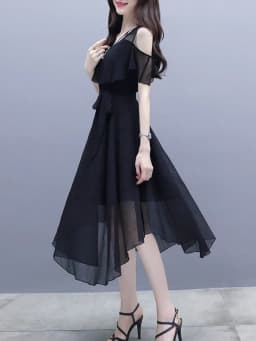 Grace Women's Clothing Black Long Dress Summer Clothes Waist Thin Fashion V Neck Chiffon Korean Version French Harajuku Dress