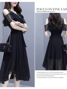 Grace Women's Clothing Black Long Dress Summer Clothes Waist Thin Fashion V Neck Chiffon Korean Version French Harajuku Dress