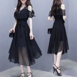 Grace Women's Clothing Black Long Dress Summer Clothes Waist Thin Fashion V Neck Chiffon Korean Version French Harajuku Dress