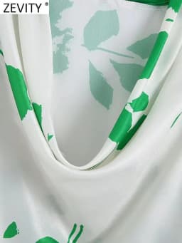 Zevity Women Fashion Pile Collar Pleated Green Leaves Print Satin Smock Blouses Lady Chic Long Sleeve Shirts Blusas Tops LS10093