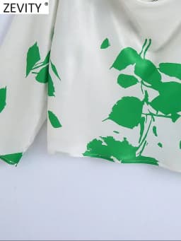 Zevity Women Fashion Pile Collar Pleated Green Leaves Print Satin Smock Blouses Lady Chic Long Sleeve Shirts Blusas Tops LS10093