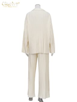 Clacive Fashion Long Sleeve Blouses Womens Two Peice Sets Casual Loose Slit Wide Trouser Suits Elegant White Pleated Female Set