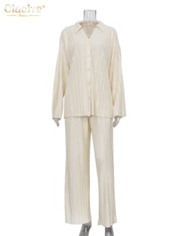 Clacive Fashion Long Sleeve Blouses Womens Two Peice Sets Casual Loose Slit Wide Trouser Suits Elegant White Pleated Female Set