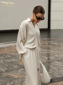 Clacive Fashion Long Sleeve Blouses Womens Two Peice Sets Casual Loose Slit Wide Trouser Suits Elegant White Pleated Female Set