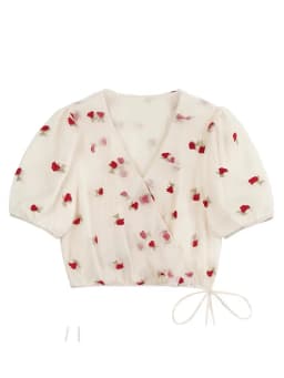 Woman Rose Embroidery Gauze Shirt 2024 Summer Chic Y2k V-neck Short Puff Sleeve Lace Up Tops French Sweet Sexy Slim Blouse Mujer