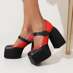 Stitched Love Pattern Super High-Heel Platform Women's Shoes With Square Toe Buckle Color-Block Platform Heel Pumps