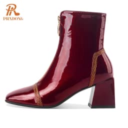 New 2022 Fashion Genuine Leather Square High Heels Black Wine Red Zipper Autumn Winter Warm Ankle Boots For Women Big Size 34-42