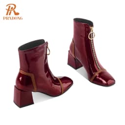 New 2022 Fashion Genuine Leather Square High Heels Black Wine Red Zipper Autumn Winter Warm Ankle Boots For Women Big Size 34-42