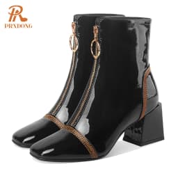New 2022 Fashion Genuine Leather Square High Heels Black Wine Red Zipper Autumn Winter Warm Ankle Boots For Women Big Size 34-42
