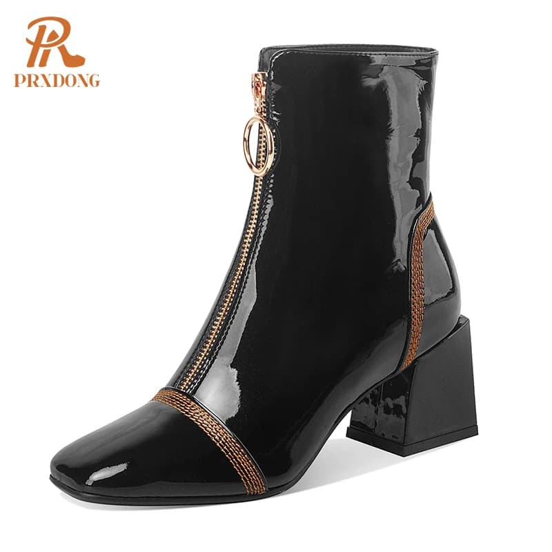 New 2022 Fashion Genuine Leather Square High Heels Black Wine Red Zipper Autumn Winter Warm Ankle Boots For Women Big Size 34-42