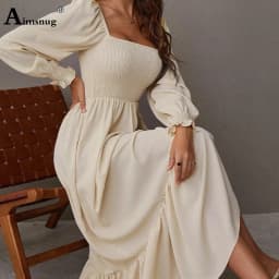 Women Elegant Maxi Dress 2024 Autumn Casual Square Collar Party Dresses High Cut Female Long A-line Dress Clothing Size S-4XL