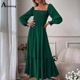 Women Elegant Maxi Dress 2024 Autumn Casual Square Collar Party Dresses High Cut Female Long A-line Dress Clothing Size S-4XL