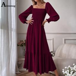 Women Elegant Maxi Dress 2024 Autumn Casual Square Collar Party Dresses High Cut Female Long A-line Dress Clothing Size S-4XL