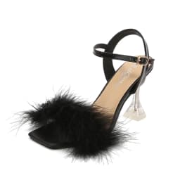 2024 New Women Square Toe Sandals Sexy Furry Fur Summer High-Heeled Sandals Ladies Wedding Stripper Shoes Pink White Black Red