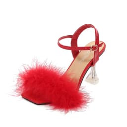 2024 New Women Square Toe Sandals Sexy Furry Fur Summer High-Heeled Sandals Ladies Wedding Stripper Shoes Pink White Black Red