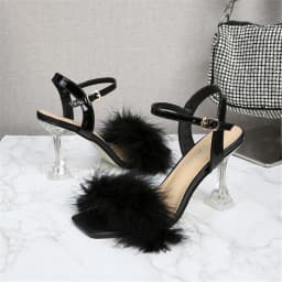 2024 New Women Square Toe Sandals Sexy Furry Fur Summer High-Heeled Sandals Ladies Wedding Stripper Shoes Pink White Black Red