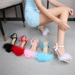 2024 New Women Square Toe Sandals Sexy Furry Fur Summer High-Heeled Sandals Ladies Wedding Stripper Shoes Pink White Black Red