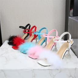 2024 New Women Square Toe Sandals Sexy Furry Fur Summer High-Heeled Sandals Ladies Wedding Stripper Shoes Pink White Black Red